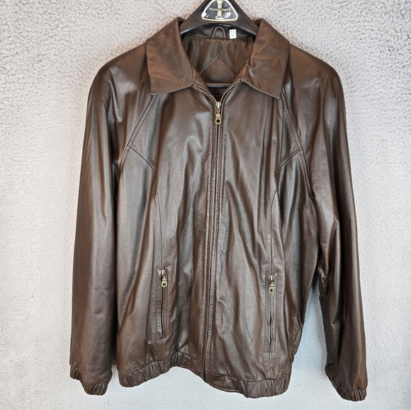Preston & York Mens Leather Jacket Sz L Chocolate Brown Aviator Look 2 Pockets - Picture 2 of 14